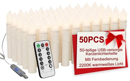 XMTECH 50er Set LED Christbaumkerzen Kabellos mit Fernbedienung & Timer, Flammenlose USB Weihnachtskerzen mit Kerzenkopffarbe Elfenbeinweiß, Warmweiß für Weihnachtsbaum, Tischdeko, Party & Hochzeit