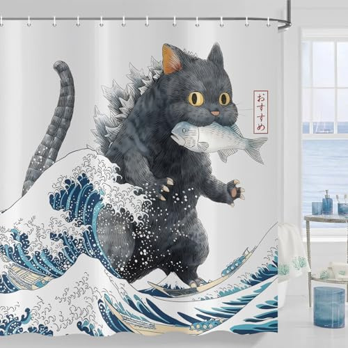 ASDCXZ Duschvorhang Japanischer Katze 180x200 cm, Japan Anime Lustig Schwarz Katze Fangen Fisch Welle Kinder Wasserdicht Badvorhang Polyester Textil Waschbar Duschvorhänge für Badewanne mit 12 Haken