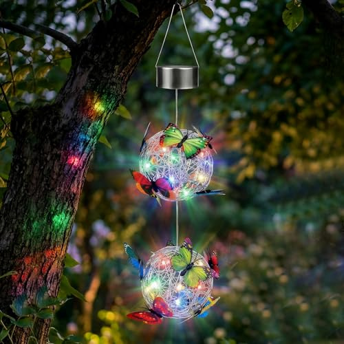 Solar Hanging Butterfly Ball Light, Solar Lights Outdoor Garden, Waterproof Round Mesh Orb Ball Butterfly Lights, LED Garden Ornaments Yard Outdoor for Home, Yard, Patio, Party, Lawn, Wedding