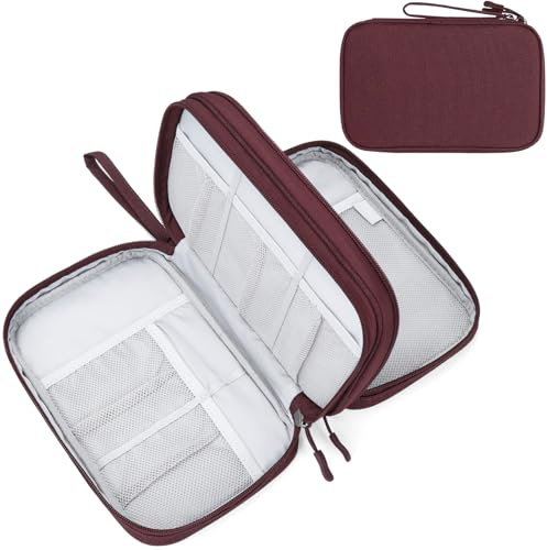 FYY Travel Cable Organiser, Electronics Accessories Bag, Waterproof Tech Storage Pouch, 2-Layer Universal Carry Case for Charger, Power Bank, Hard Drive Large-Wine Red