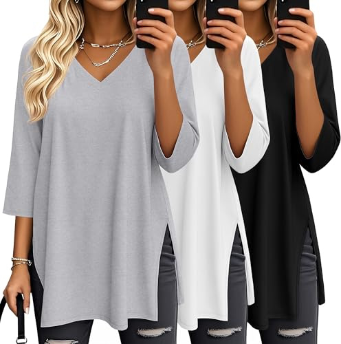 Suilung 3 Tops Femme Oversize Manches 3/4 Col V | Tuniques À Fentes Latérales, T-shirts Amples, Vêtements Respirants, Hauts DécontractéS, Tenue Superposée, Mode Automne