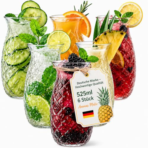 My-goodbuy24 6er Set Cocktailgläser 525ml Trinkgläser Ananas Design Saftgläser Longdrinkgläser Glas Becher Cocktailbecher für Mojito Caipirinha Smoothie Wasser Gläser Set spülmaschinengeeignet