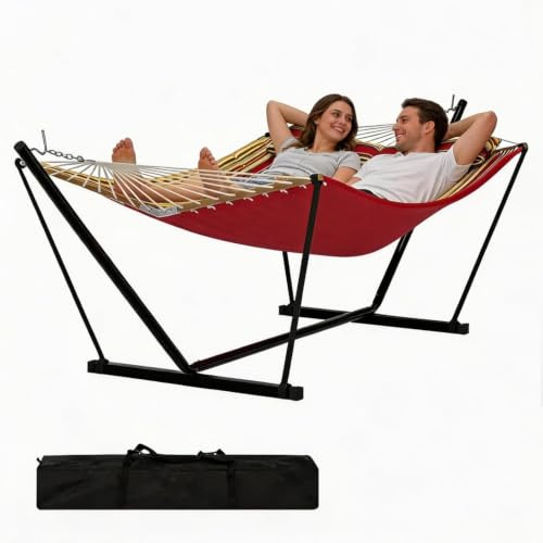Doppel Hängematte mit Stahlgestell für 2 Personen, rot‑braun gestreift, kippsicher, inklusive Tragetasche, belastbar bis 204 kg, wetterfest für Garten Terrasse Balkon
