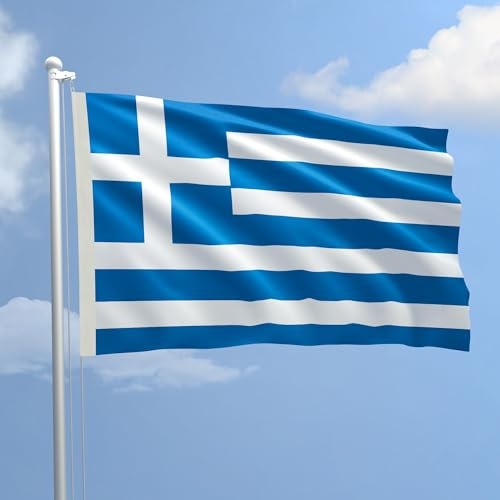 Bandiera Grecia 150 x 220 cm in Poliestere Nautico Ignifugo 115 g/mq per Uso Interno ed Esterno con Finiture Professionali, Doppie Cuciture, Corda e Guaina, Colori Brillanti e Duraturi - Made in Italy