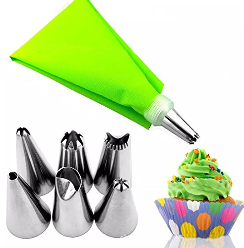 7 in 1 Set Beccucci Sac a Poche per Decorazione Pasticceria, Pasticceria Kit Torte, 5 Beccucci in Acciaio Inox,1 Adattato,1 Sacchetti Silicone Riutilizzabili Pasticceria verde