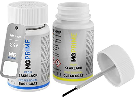 MG PRIME Autolack Lackstift für Fiat 249 Bianco Banchisa + Klarlack | Banquise Weiss, Set aus Basislack + Klarlack, Lackfläschchen mit Pinsel, je 50ml