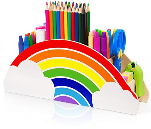 Gamenote Wooden Pen Holder & Pencil Holders - Rainbow Supply Caddy Desk Organizer Desk Tidy for Office Supplies Makeup Brush Classroom Organization for Women & Kids