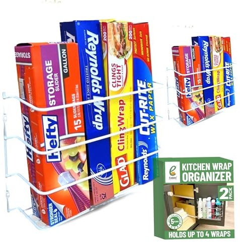 Evelots Kitchen Wrap Organizer - 2 Pack - Hold up to 4 Plastic, Foil, Paper, Wax - Cabinet Door, Wall Rack Basket - Sandwich, Freezer, Food Bag Storage - Laundry Supplies - Plastic Coated Metal