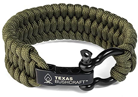 Texas Bushcraft Firecraft Cord Survival Bracelet – Paracord Bracelet with Bow Shackle for Camping and Emergency – 3 Extra Strands Include Wax Thread, Tinder, and Fishing Line (Army Green, XL)