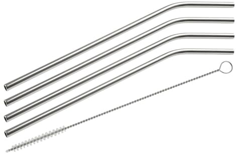 Fackelmann Lot de 4 Pailles INOX Coudées avec Goupillon 24 cm | 4 pailles prêtes à servir, Inox réutilisable, 24 cm pour verres hauts, Goupillon inclus, Compatible lave-vaisselle