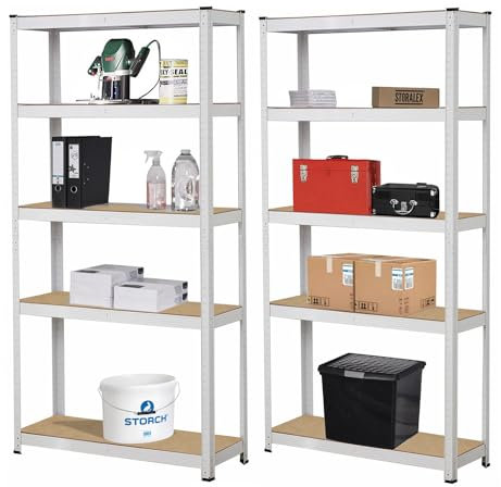 Scaffale Metallo Garage 180x90x40cm Ad Alta Portata 875kg, 5 Ripiani Mdf, Scaffale Salvaspazio Ideale Per Garage, Officina, Cantina, Magazzino, Design Modulare (Doppio, Bianco)