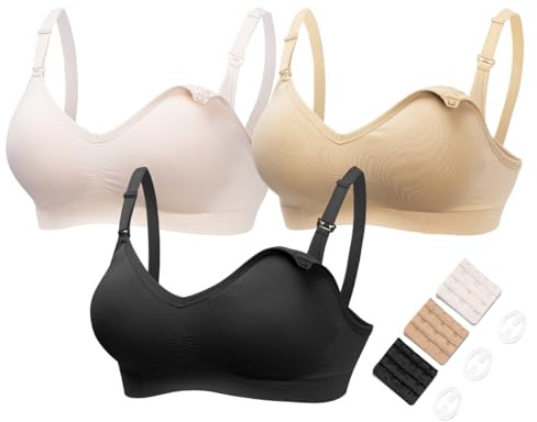 HOFISH Women's Maternity Nursing Bras Seamless 3 Pack Deep V Neck Push Up Bra for Breastfeeding with Extenders & Clips(3 BlackBeigePink,L)