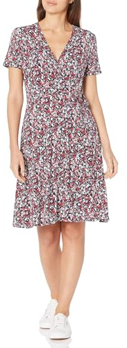 Amazon Essentials Abito Avvolgente a Maniche Corte Donna, Blu Marino Motivo Floreale Piccolo, XXL