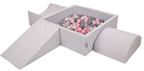 KiddyMoon Spielplatz Aus Schaumstoff Mit Quadrat Bällebad (300 Bälle) Ballgruben Für Babys Spielbad Hindernisläufen, Hergestellt In Der EU, Hellgrau:Perle/Grau/Transparent/Puderrosa