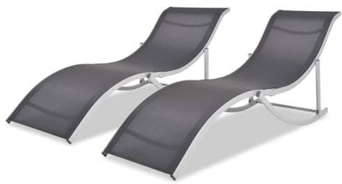 SKTQYQO Klappbare Sonnenliegen, 2 Stück, aus Aluminium und Textilene in Schwarz und Grau, für Garten, Pool, Terrasse, mit ergonomischem Design und stabiler Struktur, zusammenklappbare Sonnenliegen, 2