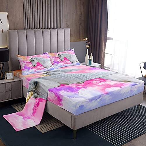 Loussiesd 3D Unicorn Horse Bed Sheets Galloping Horses Sheet Set for Kids Boys Watercolor Clouds Colorful Bed Set Wild Animal Decor Sheets Bedroom Collection 4Pcs King Size