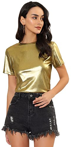 Allegra K Damer jul sexig metallisk party topp outfit festival glitter kortärmad rund hals t-shirt topp blus, Guld, XL