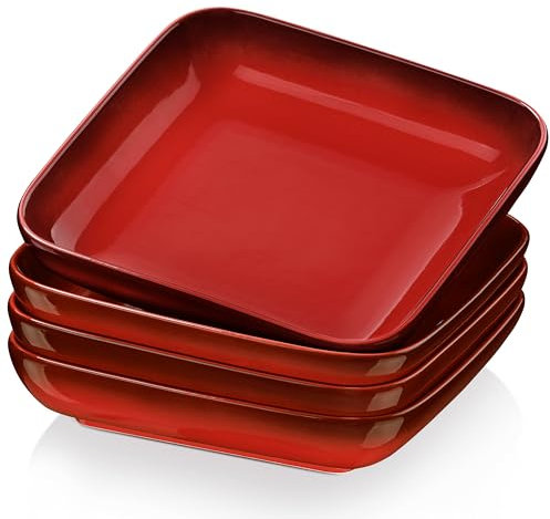 LOVECASA Pasta Bowls Set of 4, 35 OZ Square Serving Bowls, 8.3 Large Pasta Bowls Salad Bowls, Ceramic Dinner Plates, Cereal Dessert Plates, Red.