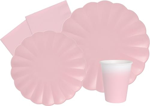 Kit Party Tavola Flower Shape per 8 persone (44 pezzi: 8 piatti Ø23cm, 8 piatti Ø18cm, 8 bicchieri 200ml, 20 tovaglioli 33x33cm) in carta compostabile eco-friendly, rosa pastello