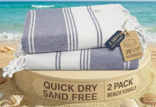 LANE LINEN Beach Towel 2 Pack - Cotton Rich Beach Towels Oversized, Pre-Washed Large Beach Towels, Sandless Beach Towel, Quick Dry Travel Towel, Large Pool Towels, 39x71 - Navy Blazer | Pre-Washed Large Beach Towels - 39x71, Vacation Essential - Machine Washable, Travel & Camping - Reinforced Hems, Durable
