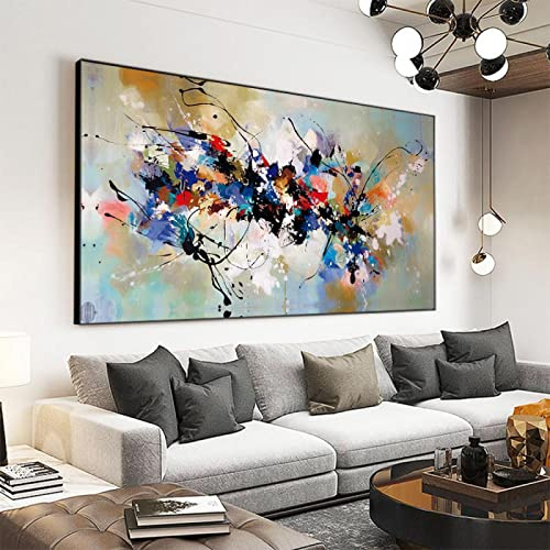 Large Size Modern Abstract Colorful Decor Oil Painting on Canvas Black Framed Prints Wall Art Pictures for Living Room 65x120cm/26x47inch with Black Frame