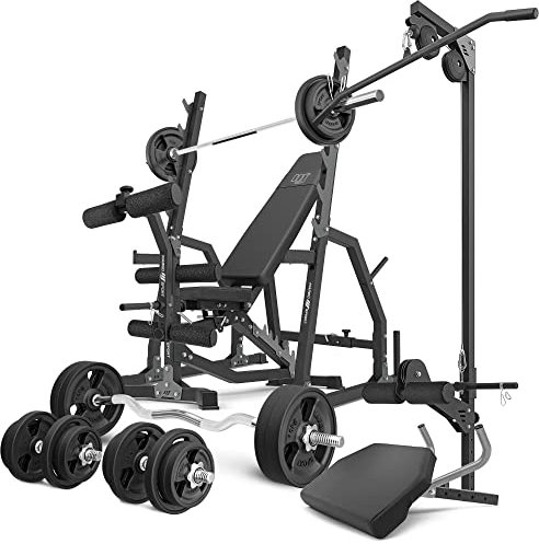 Marbo Sport Set MS36_2.0_113KG_G | Doppelseitige Bank + verstellbare Hantelablage + Curl Pult + Beinpresse + Latzug + Stangen- und Hantelscheiben gummiert Set 113 kg | Made in EU
