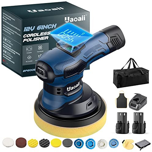 Uaoaii Polisseuse Voiture sans Fil – BP600B 6 Pouces 12 V Polisseuse Bleu Marine Orbitale 8 mm 6 Vitesses Variables avec Écran LCD 2 Piles et Chargeur pour l'entretien des Voitures