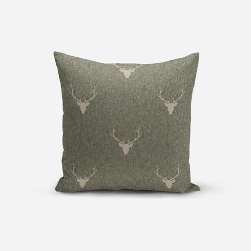 SCHÖNER LEBEN. Kissenhülle Jacquard Hirschkopf Geweih grün beige, Größe:50x50cm (HxB)