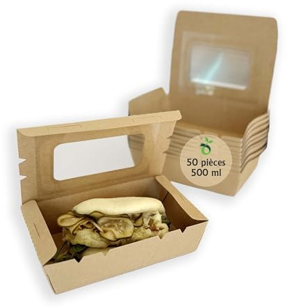 ECOPICNIC Lot de 50 Lunchbox en Kraft 500 ML avec Couvercle Transparent | Boîtes Alimentaires en Carton Kraft jetables pour Repas à emporter, barquettes écologiques Pratiques