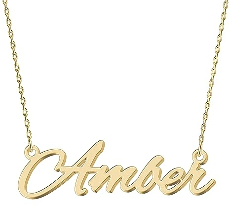 UMAGICBOX Personalized 18K Gold Name Necklace Amber - Customizable Engraved Stainless Steel Pendant for Women - Unique Gift for Birthdays, Anniversaries, Graduations, and Valentine's Day