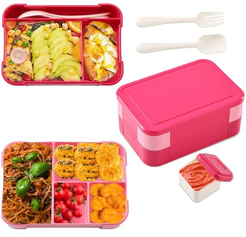 BASVII Brotdose mit Fächern 1550ML, Lunchbox Auslaufsicher, Bento Box BPA Frei Snackbox With Besteckse und Saucenbox - Perfekt für Kinder,Erwachsene,Mädchen,Jungen,Schule,Unterwegs (Rosa)