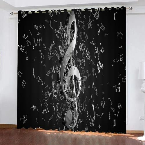 VULORA Musik Note Gardinen Blickdicht Vorhang Schwarz Thermo Vorhänge mit Ösen für Schlafzimmer Wohnzimmer Polyester Verdunklungsvorhänge Modern Kindergardine 150x166cm(BxH), 2er Set