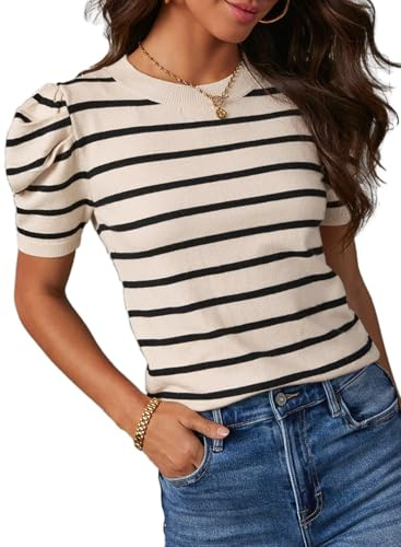 Dokotoo Summer Tops for Women Causal Lightweight Knitted Blouses Short Puff Sleeve Top Causal Striped Tops Crewneck Cute Black Stripe Loose Shirts Medium