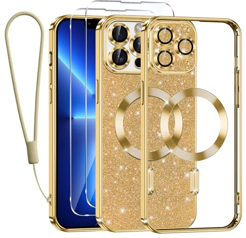 Kokio Handykette für iPhone 13 Pro Max Hülle mit Band, [Kompatibel mit MagSafe] Glitzer Magnetisch Handyhülle für iPhone 13 Pro Max mit 2 Stück Schutzfolie Stoßfeste Silikon Schutzhülle, Gold