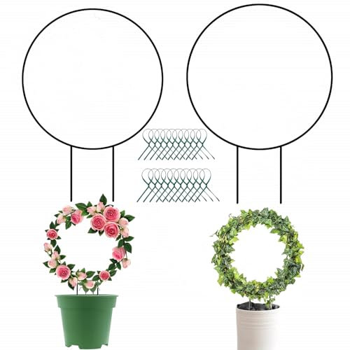 2PCS Metal Garden Trellis for Climbing Plants, Potted Support Pegs With Black Coating, Iron Stand Holder Rack With 20 Twist Ties for Flowers Indoor (2XRound)