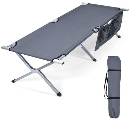 ALSUPEU Tragbares, Faltbares Campingbett Mit Aufbewahrungstasche, Metallrahmen Und Tragetasche, 205 Kg Tragkraft, Geeignetes Campingbett Für Reisen, Schwimmbad, Wandern,Grau