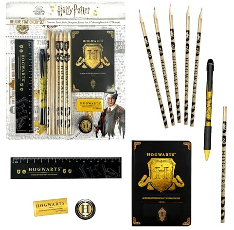 Harry Potter Briefpapier Set, Bestehend aus Bleistift, Lineal, Buntstiften, Radiergummi, Bleistiftspitzer, Notizbuch und Stift, Hogwarts Briefpapier Set für Kinder und Jugendliche