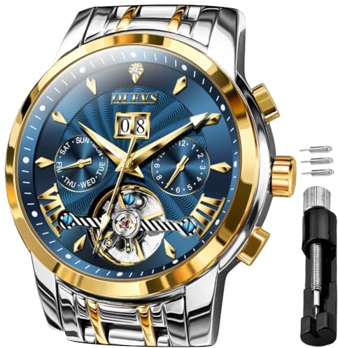 OLEVS Uhren für Herren, automatisches Skelett, 5 Zeiger, mechanische Luxusuhr, klassischer Kalender, Edelstahl, wasserdicht, Herren-Armbanduhr, 9965: Zweifarbig und goldblau, Business