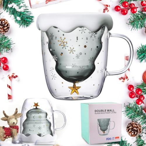 XiXiRan Tasse Sapin Noel, Tasse Verre Noel, Mug Sapin Noel, Tasse À Expresso Double, Tasse Mignonne, Mug À Café, Tasse À Lait, Verre A Eau de Noël, Tasse Cadeau, Tasse À Thé en Verre Noël (gris)
