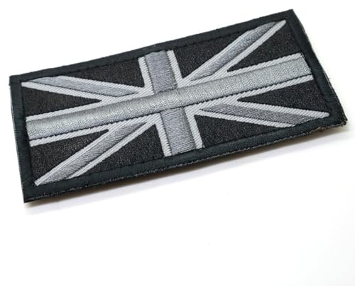 Svart och grå Union Jack flagga lapp brittisk militär krok och ögla emblem 8 x 5 cm armé Airsoft märke polissäkerhet UK