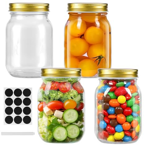 Glass Regular Mouth Mason Jars, 16 oz Clear Glass Jars with Silver Metal Lids for Sealing, Canning Jars for Food Storage, Overnight Oats, Dry Food, Snacks, Candies, DIY, Meal Prep (Golden, 4PACK)