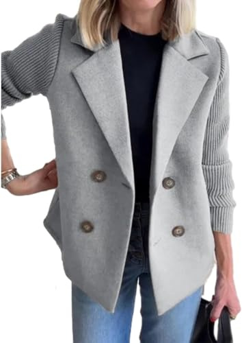 Suncadmious Giacca Casual da Donna Primaverile con Risvolto e Bottoni in Maglia con Maniche Patchwork Cravatta da Lavoro Blazer Casual in Tweed Doppiopetto (Grigio,M)