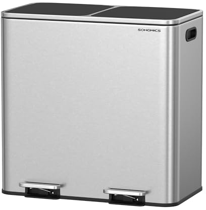 SONGMICS Dual Rubbish Bin, Metal Recycling Bin with 15 Rubbish Bags, 2-Compartment, with Lids, Pedals, Plastic Inner Buckets, Soft Closure, 2 x 10.6 Gallons (2 x 40 L), Silver and Black LTB730E80
