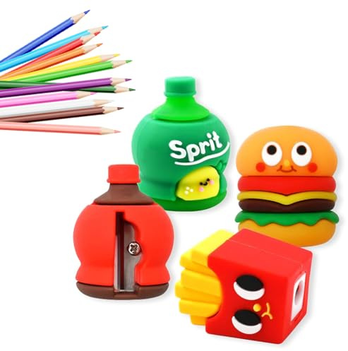 4 Sacapuntas, Sacapuntas para niños, Papelería divertida, Sacapuntas Lapiz Ojos, Decoraciones, Regalos para niños, Apto para adultos y niños, Hamburguesas, Papas fritas, Coca-Cola, Sprite.