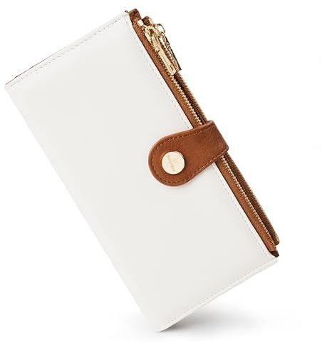Sunpour Portefeuille pour femme - Grand portefeuille avec protection RFID - Portefeuille pour femme avec de nombreux compartiments pour cartes et 2 compartiments latéraux zippés, blanc et marron