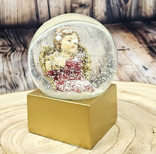 Palla di neve natalizia, angelo con arpa, larghezza: 10 cm, altezza: 12 cm | Angelo di Natale, base dorata, decorazione natalizia, regalo a forma di angelo