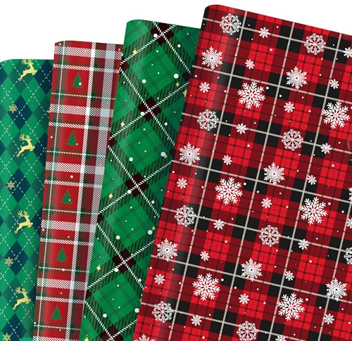 Lot de 12 feuilles de papier cadeau de Noël - Carreaux écossais rouges et verts - Papier cadeau imprimé double face - 4 types de papier de Noël - 50 x 68 cm