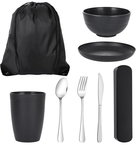 8 Pièces Vaisselle Camping, Noir Couverts Camping avec Sac à Cordon et Boîte à Couverts, Set Pique Nique Comprend Couteau, Cuillère, Fourchette, Tasse, Bol, Assiette pour Le Camping