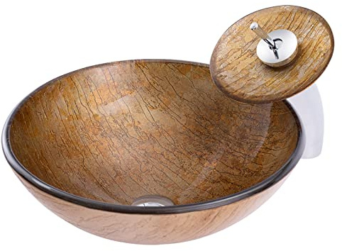 Lavandino da appoggio per Bagno, lavabo da appoggio Rotondo in Vetro temperato, Installazione su Piano, lavabo da appoggio con Texture Rock, lavabo Artistico con Rubinetto a Cascata in otton