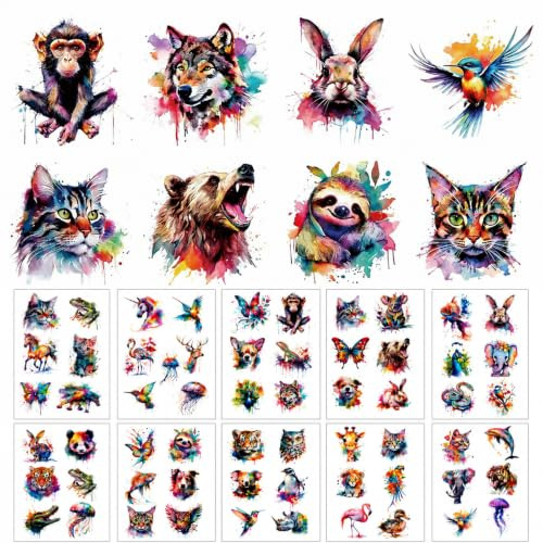 Aquarell Tier Temporäre Tattoos, 60 Stück Wasserfarben Tiere Tattoos Für Kinder Schöne Realistische Große Bunte Florale Temp Ta-ttoos Für Frauen Mädchen, Geburtstag Party Mitgebsel Spielzeug